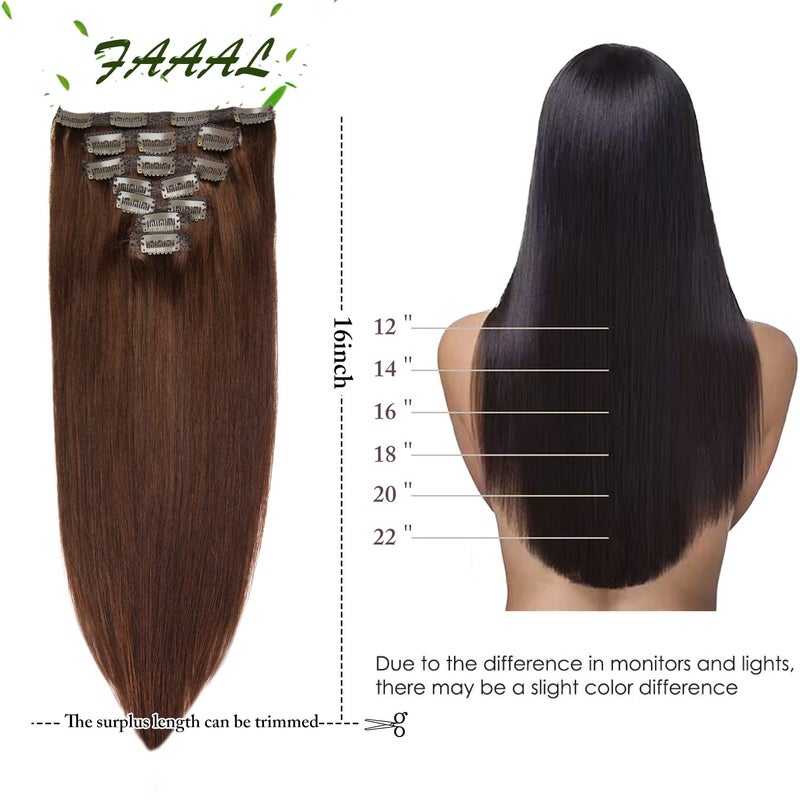 FAAAL 16" Clip in Human Hair Extensions Full Head 130g 7 Pieces 16 Clips 4# Chocolate Brown Double Weft Brazilian Real Remy Hair Extensions Thick Straight Silky (16",130g Chocolate Brown) - Image 2